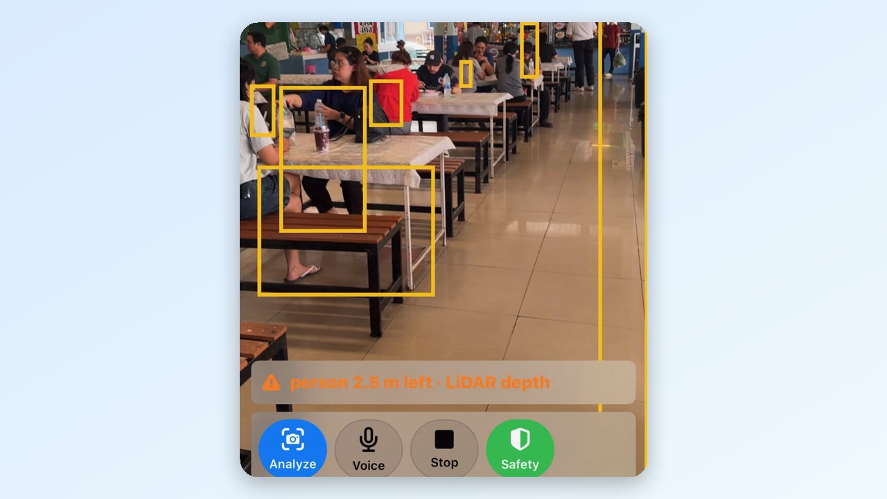 EchoSense-AI Safety mode in a food court: yellow boxes mark people and benches, and a warning reads "person 2.5 m left, LiDAR depth"